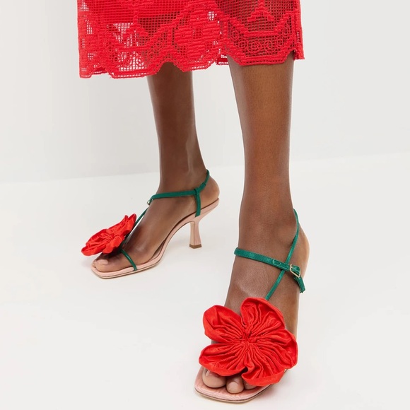 NEW NIB Loeffler Randall Frank Flower Appliqué Heeled Sandal Nude/Green/Red